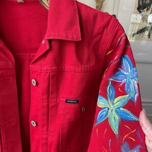 Vintage 80s Guess Red Denim Jacket Upcycled Floral Cotton M